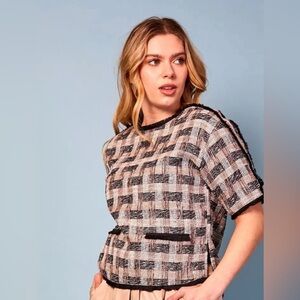 Checked Tweed Short Sleeve Top in Black and Cream - Women